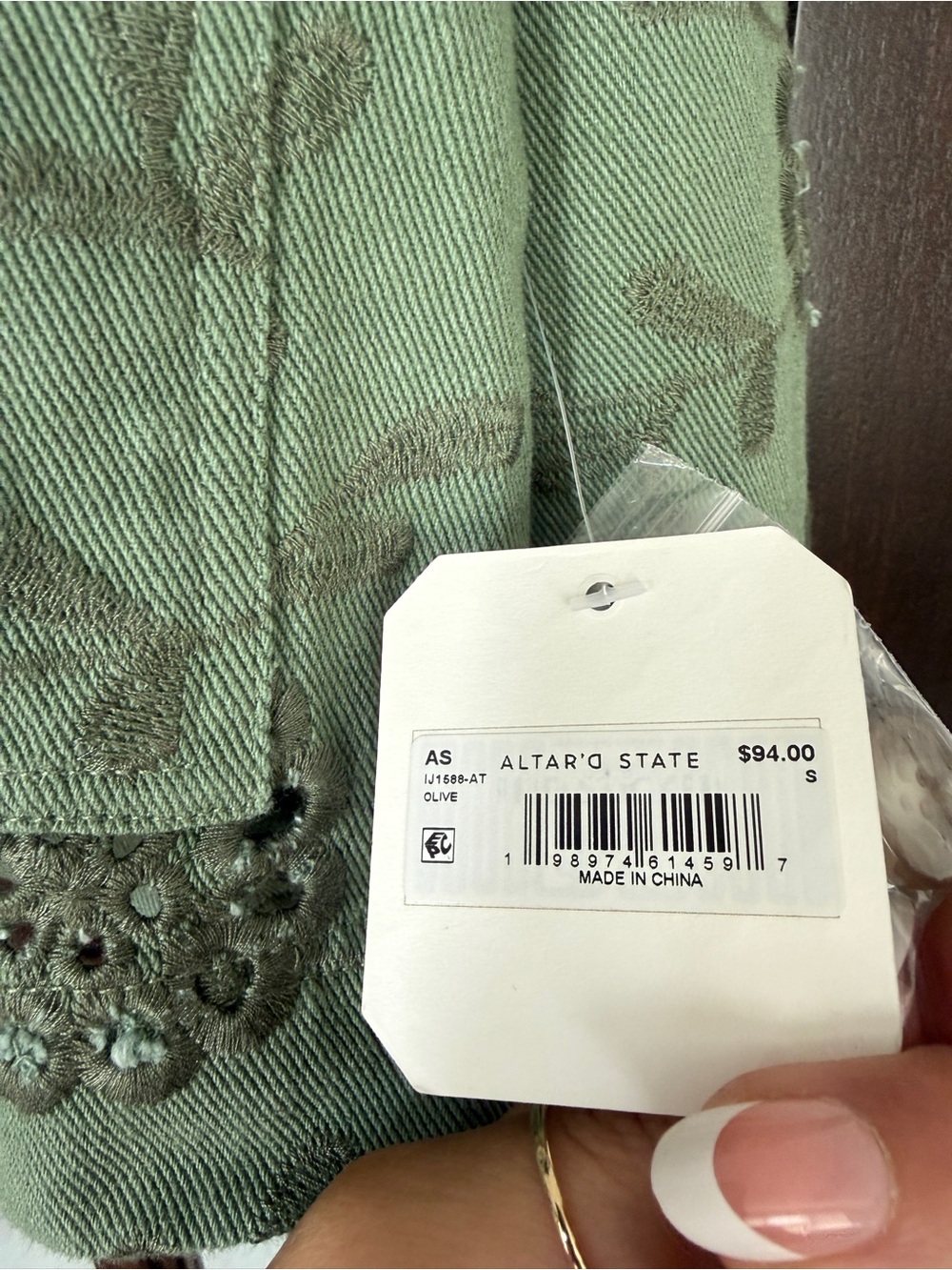 NWT Altar'd State Renesme Denim Eyelet Jacket in olive green Small - Picture 5 of 10